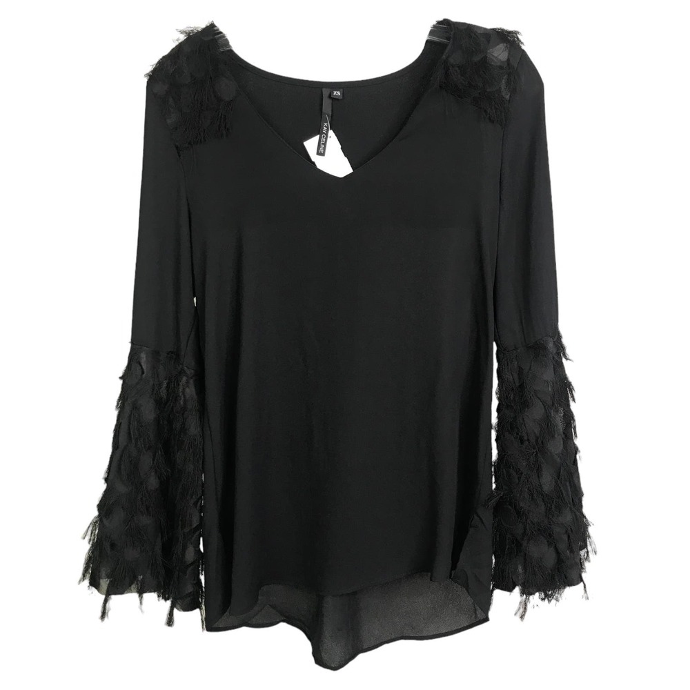 Kay Celine Women's Top Blouse Bell Sleeve Fringe Black V-Neck‎ Pullover Sz XS